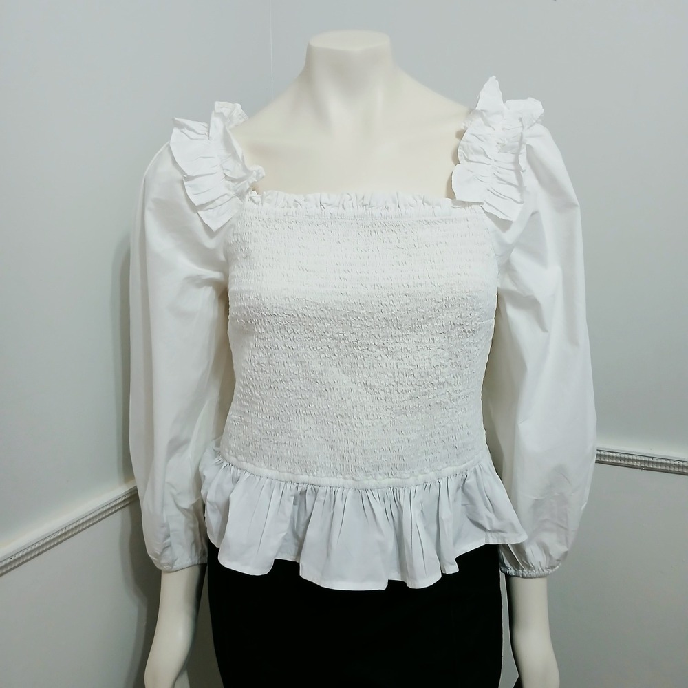 The Drop White Smocked Ruffle Puff Sleeve Peplum Top Square Neck Blouse XL - Picture 2 of 6